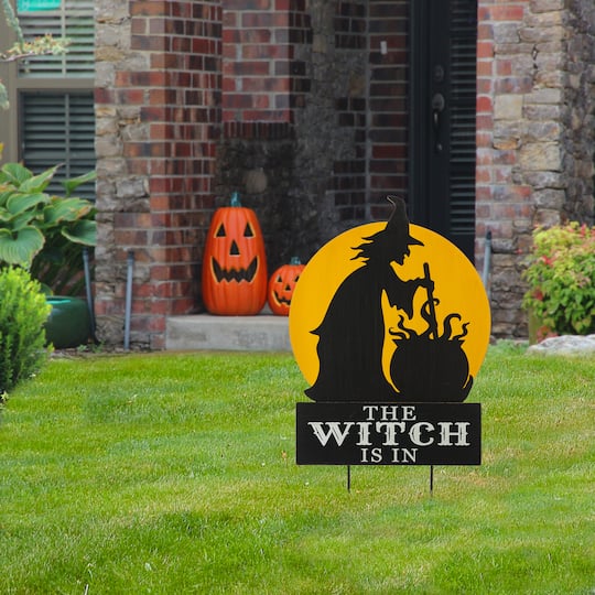 Glitzhome® 30" Black & Orange The Witch Is In Halloween Yard Stake